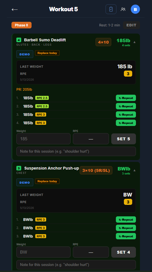 Logging a workout in RepMark on a phone