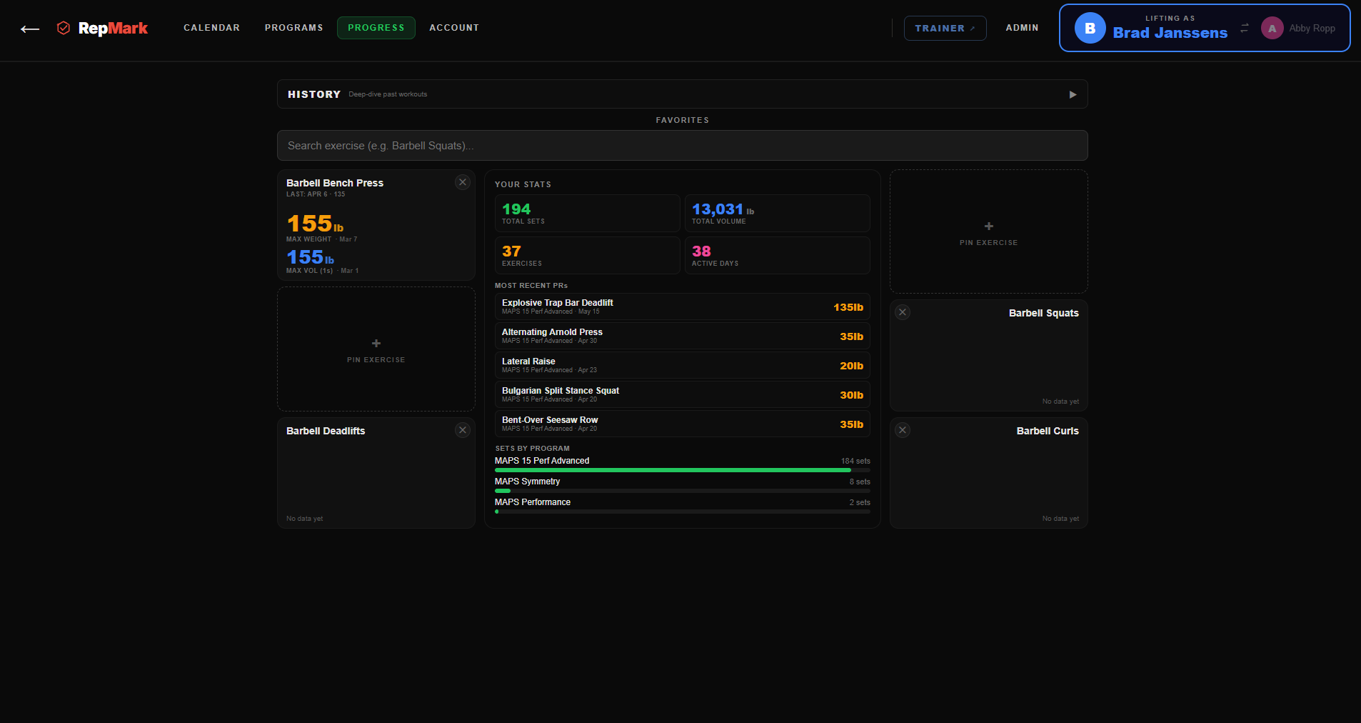 The RepMark progress view — stats, PRs, and volume by program