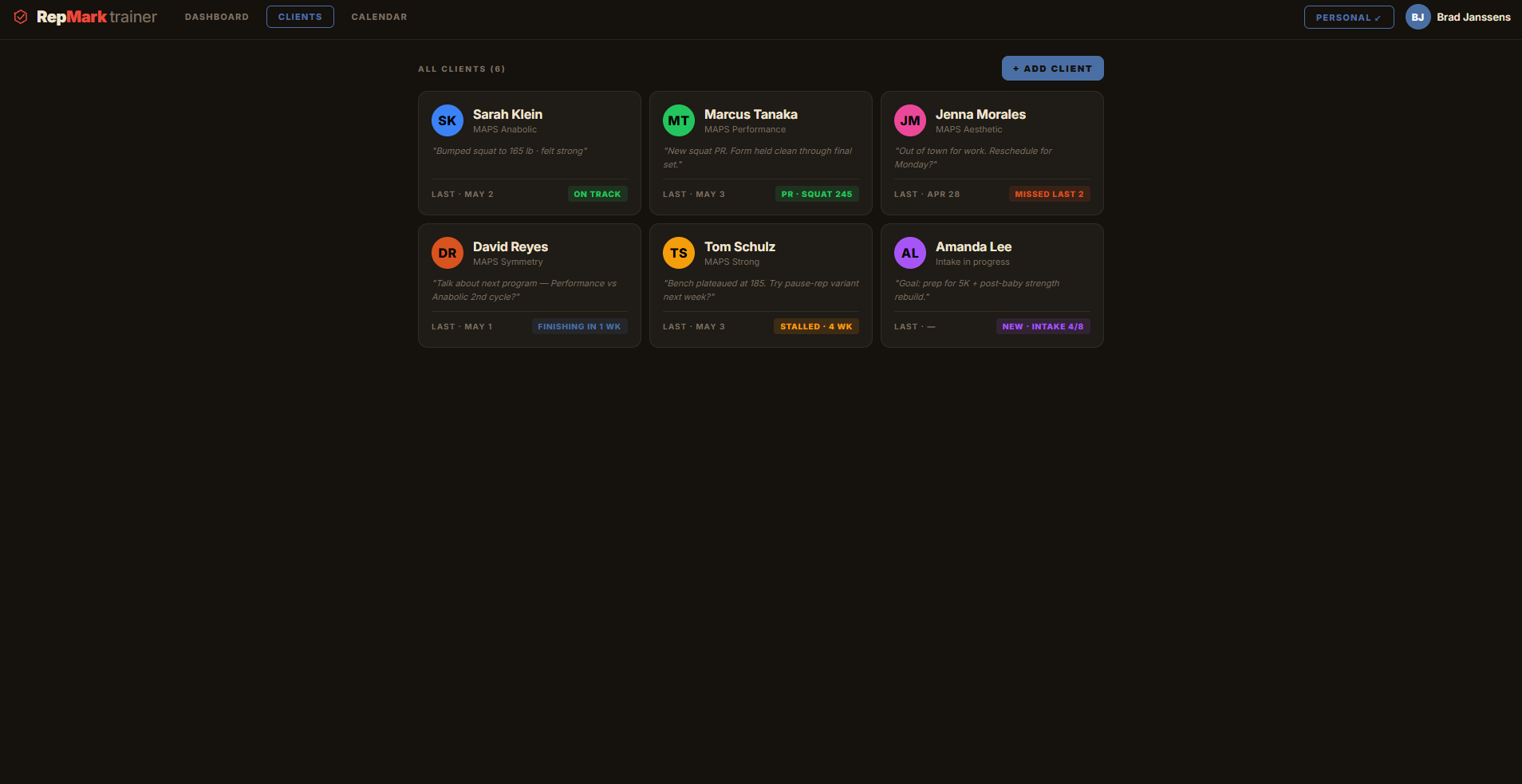 The RepMark trainer client roster (design mockup)