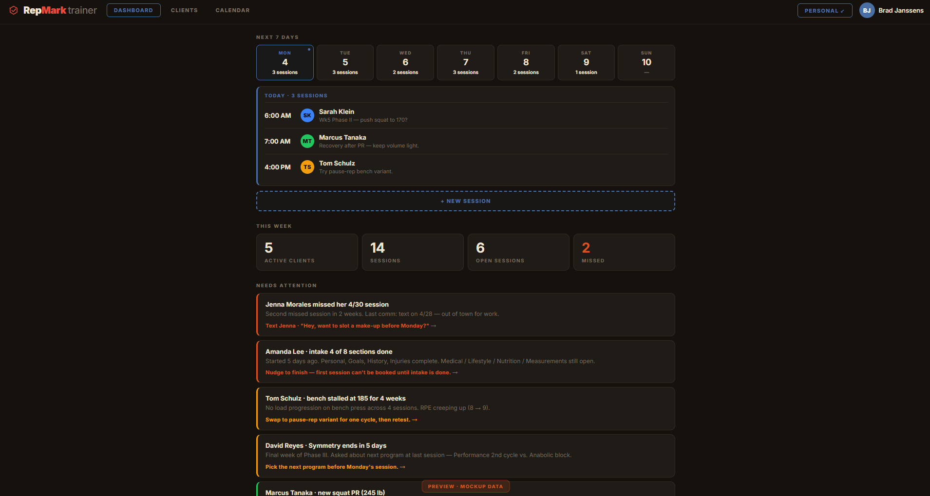 The RepMark trainer dashboard — today's sessions and client alerts (design mockup)
