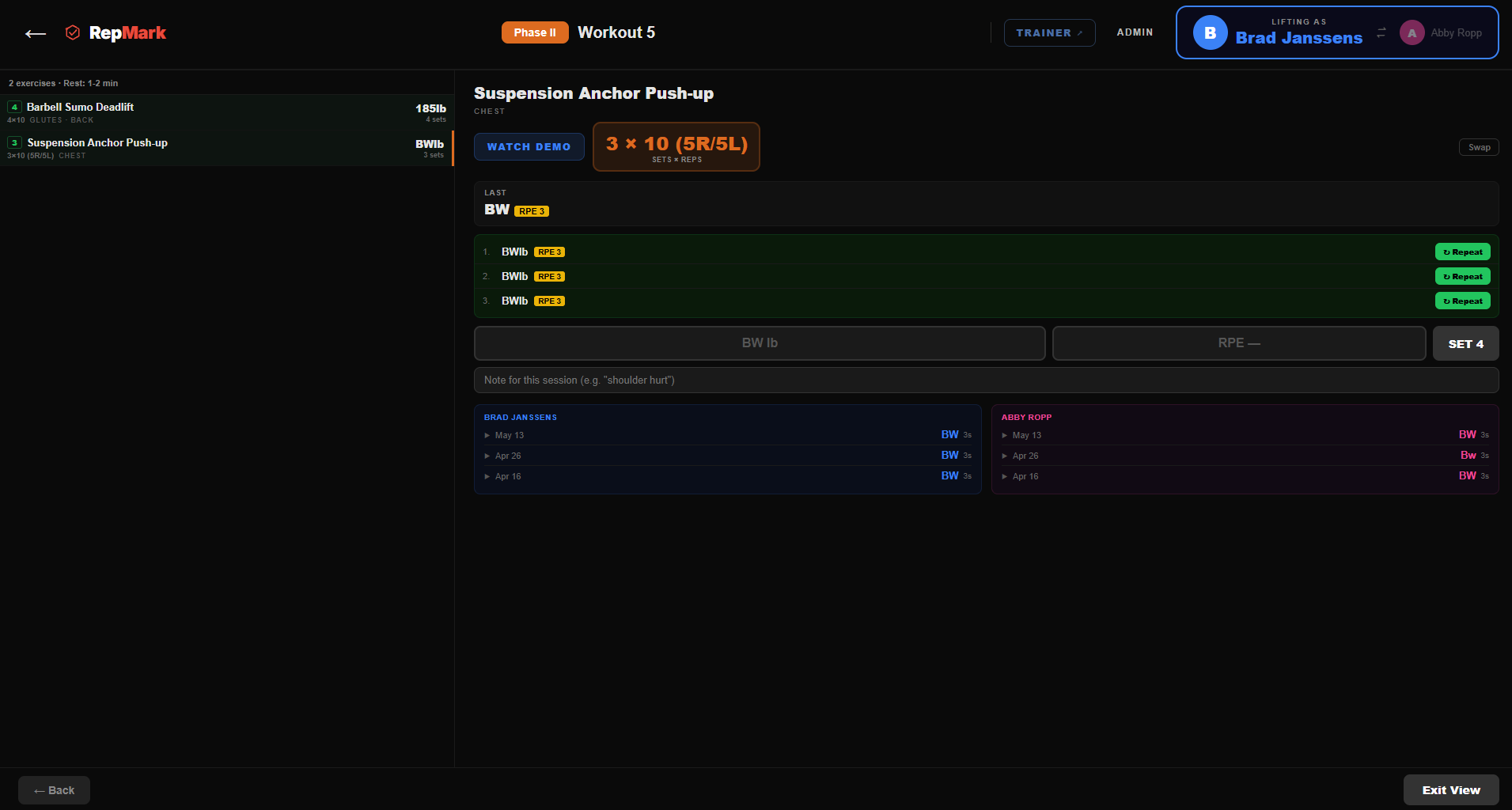 Logging a workout in RepMark — sets, reps, RPE, and last numbers